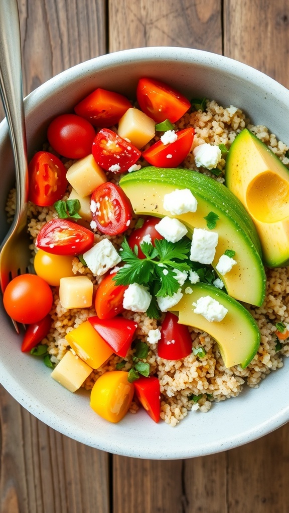 A colorful quinoa bowl with tomatoes, cucumber, bell pepper, avocado, and feta cheese on a wooden table.